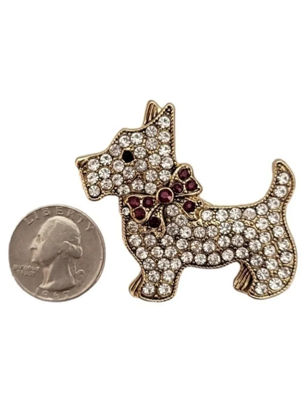 Monet Gold Tone Clear, Red Rhinestone Pave Scottie Dog Brooch, Signed K727
